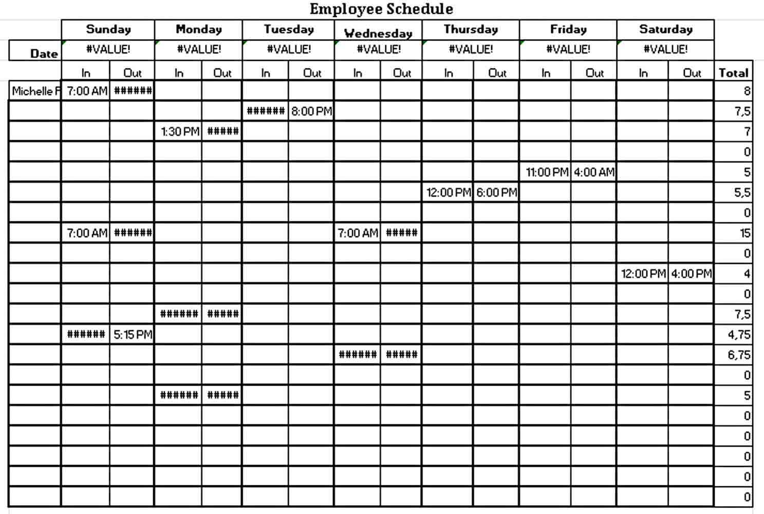 Employee Work Schedule Template Example