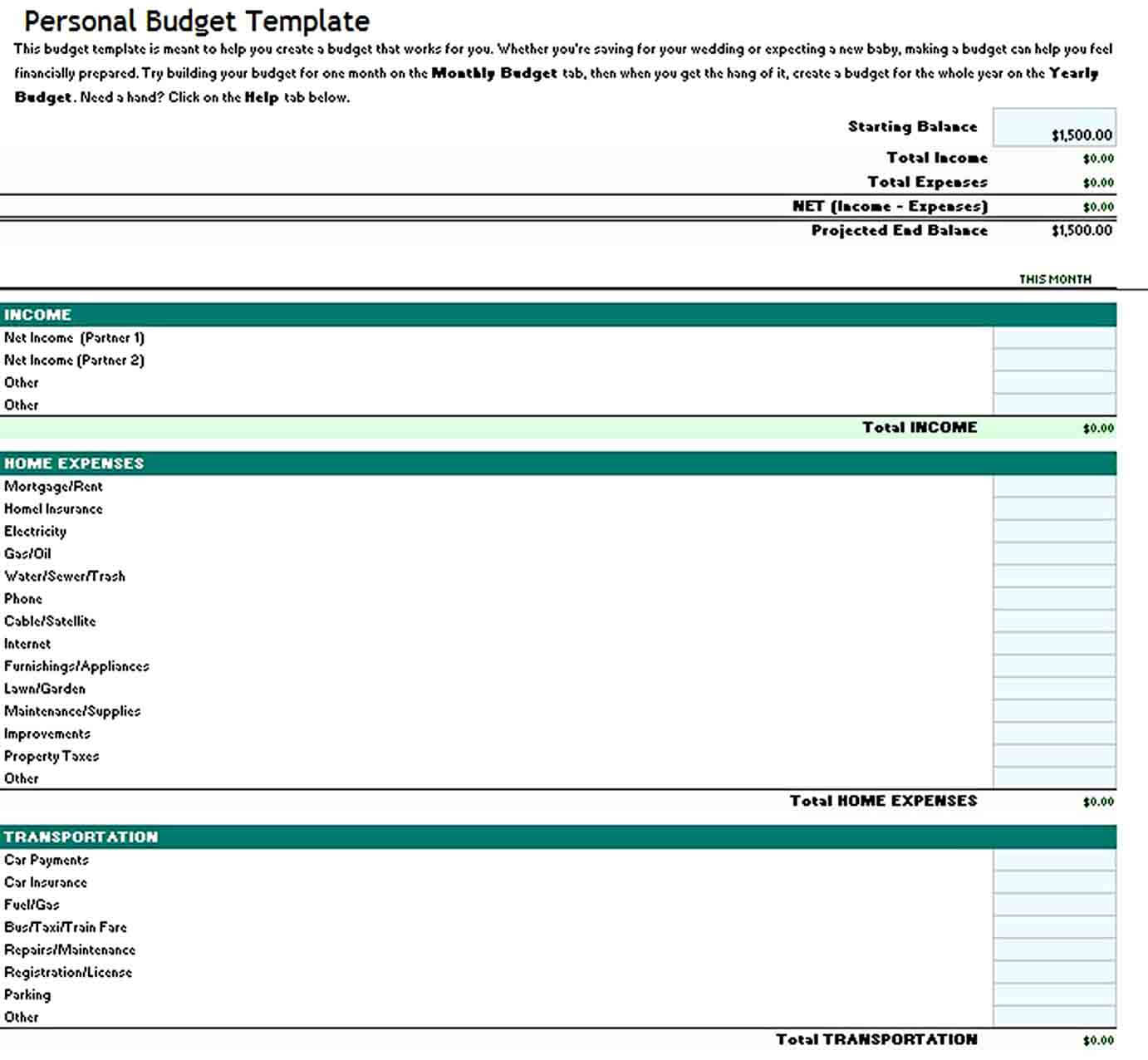 Excel Personal Budget Template
