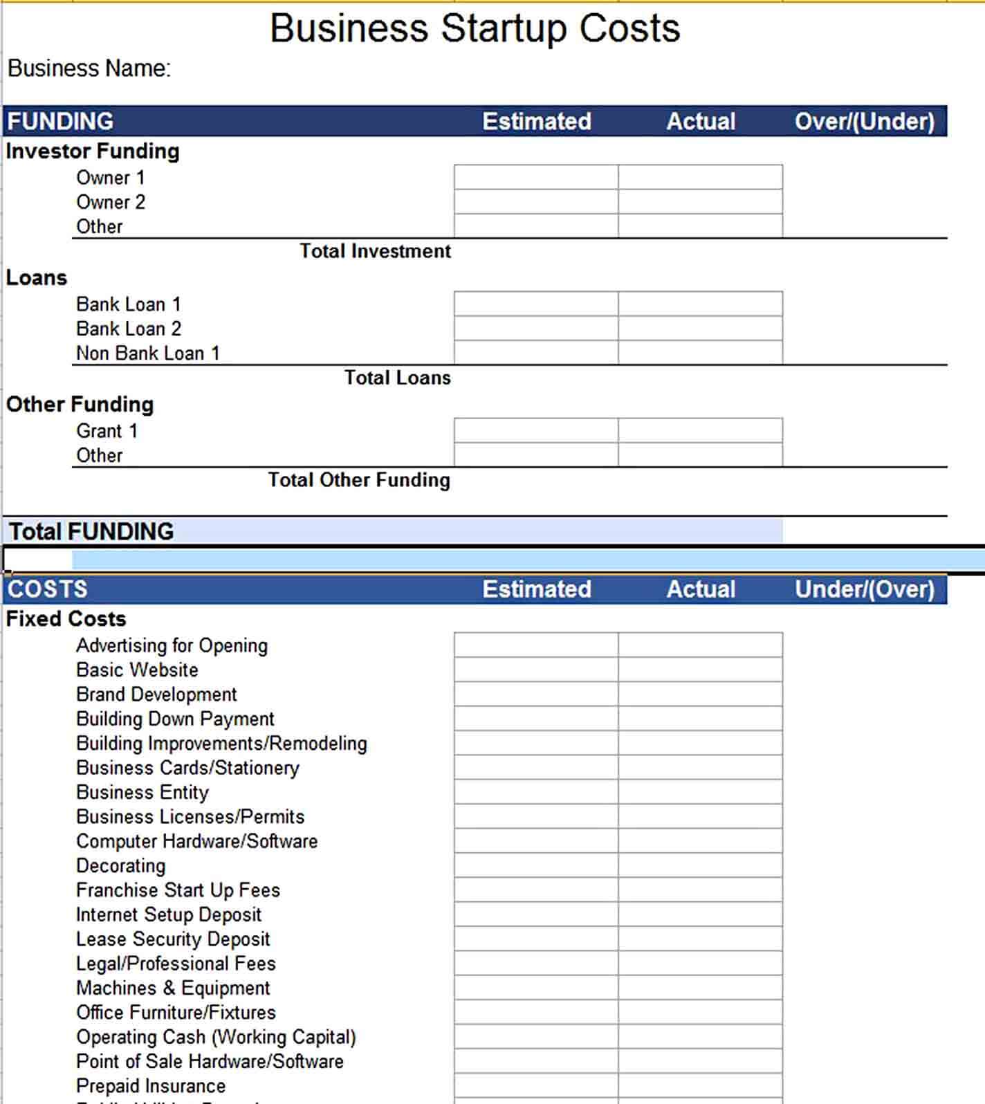 Excel Start Up Business Budget Template