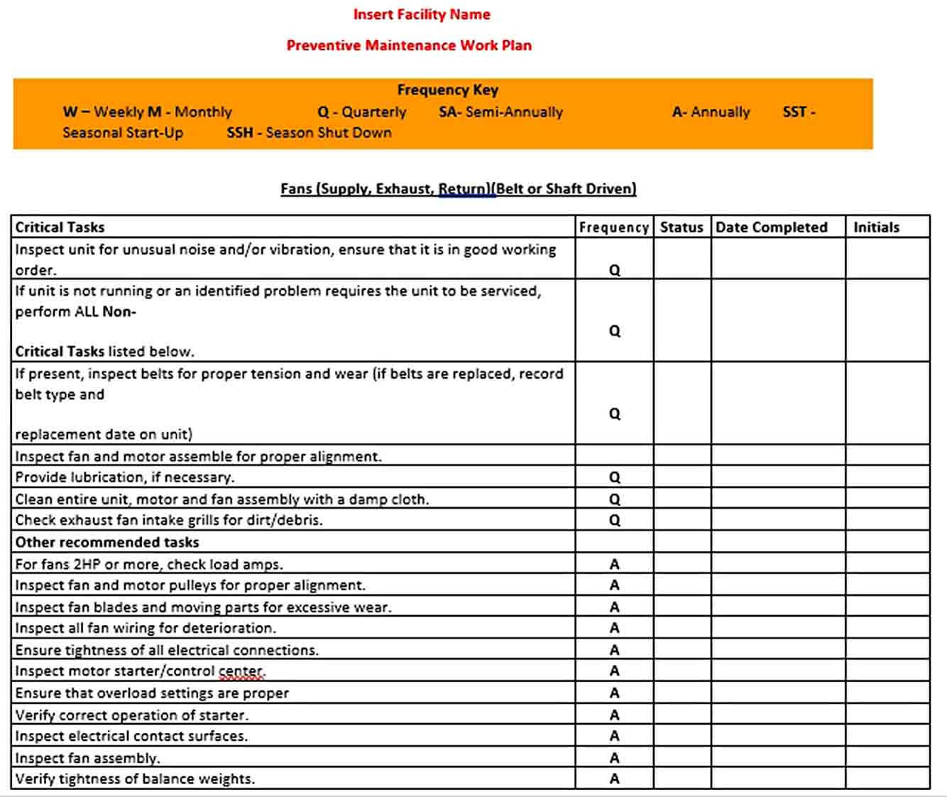 Facility Preventive Maintenance Schedule Template Printable PDF