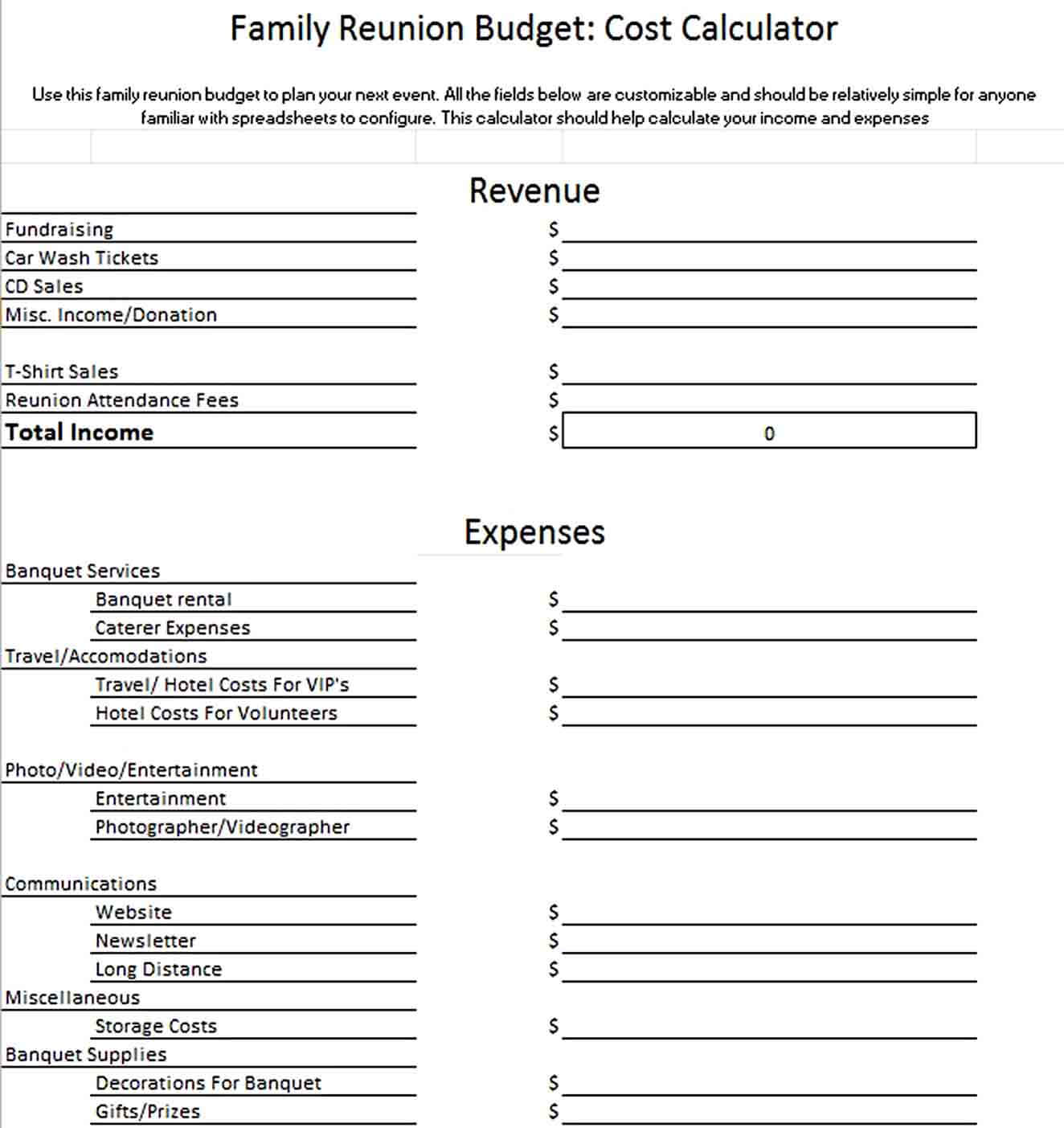 Family Reunion Budget Template in Excel