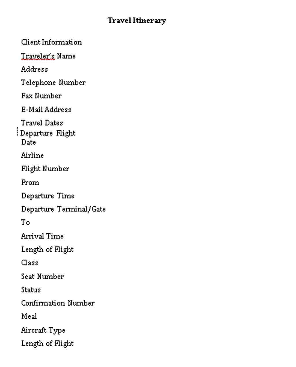 Flight Travel Itinerary Schedule Template Free