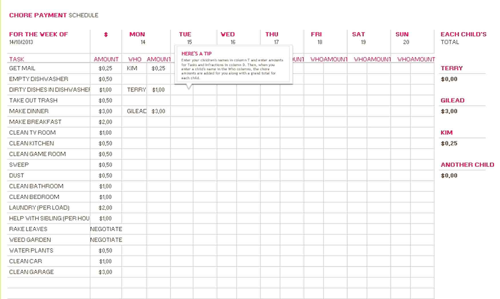 Free Chore Payment Schedule Template for Excel