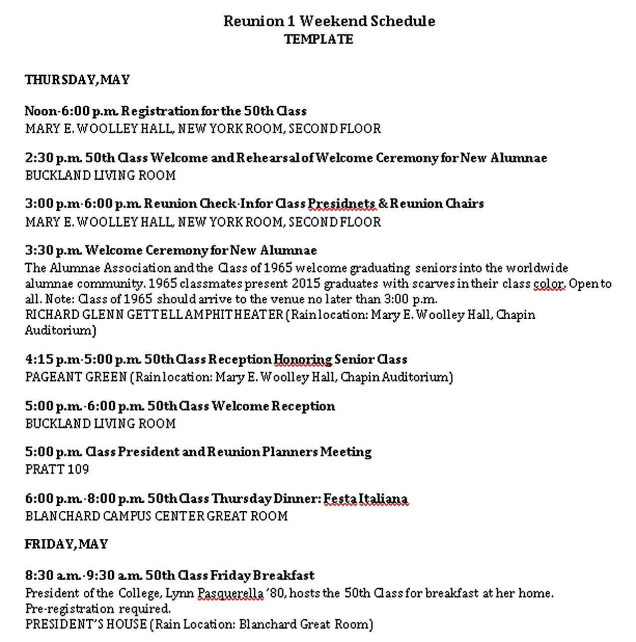 Free Download Reunion Weekend Schedule Template PDF