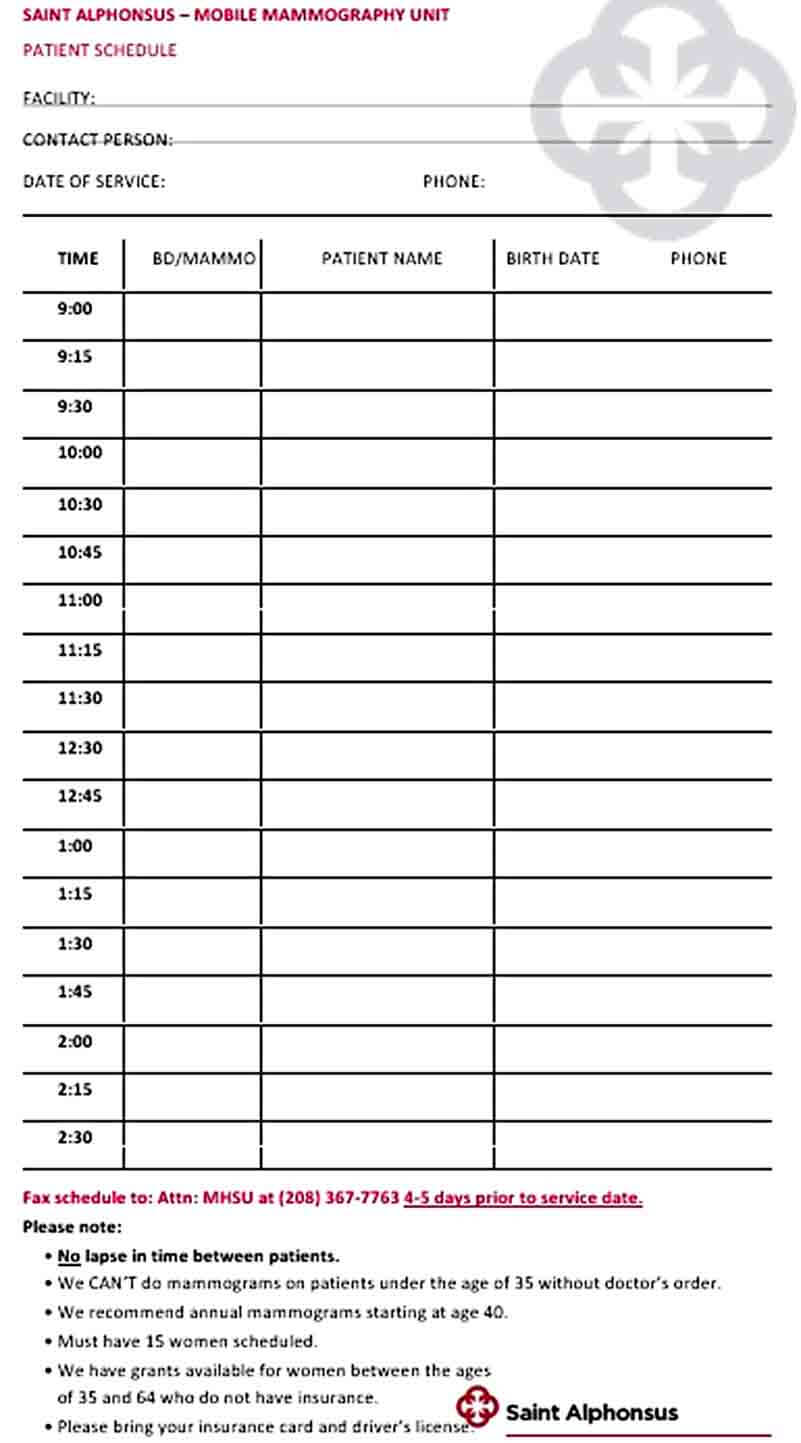 Free Patient Schedule Template