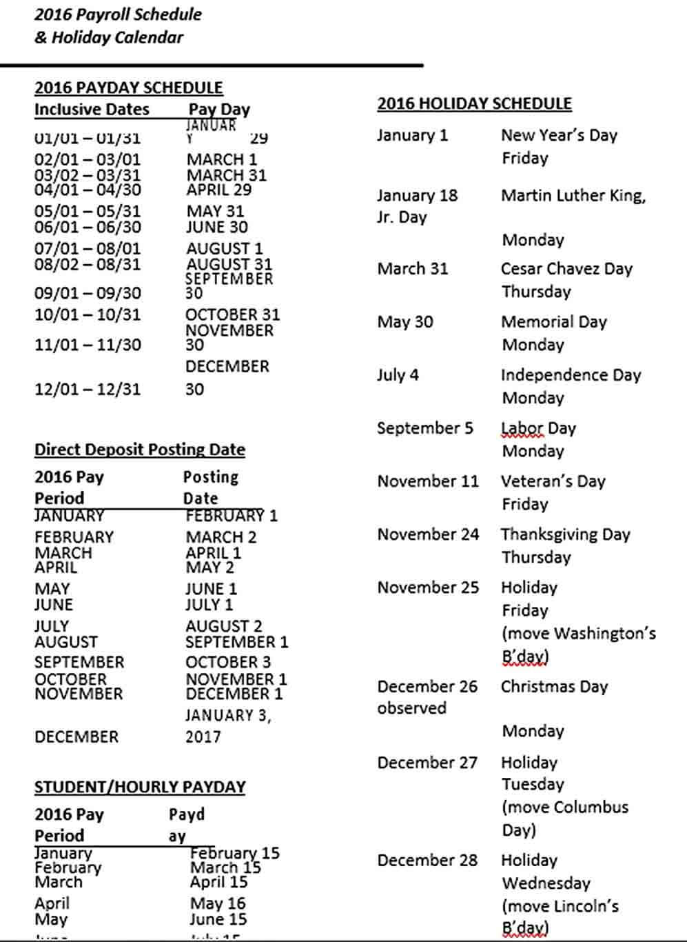 Holiday Payroll Schedule