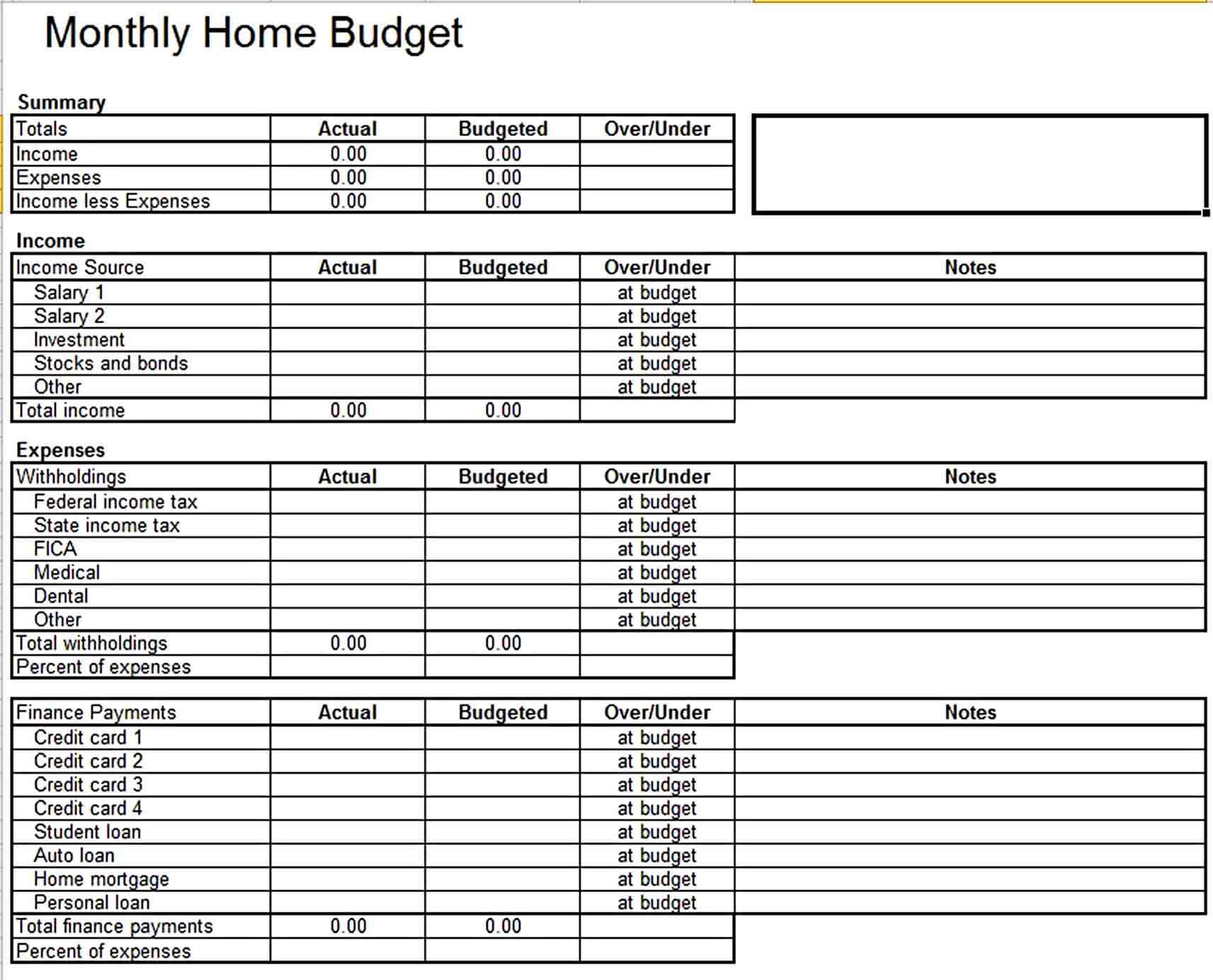 Home Monthly Budget Template Excel
