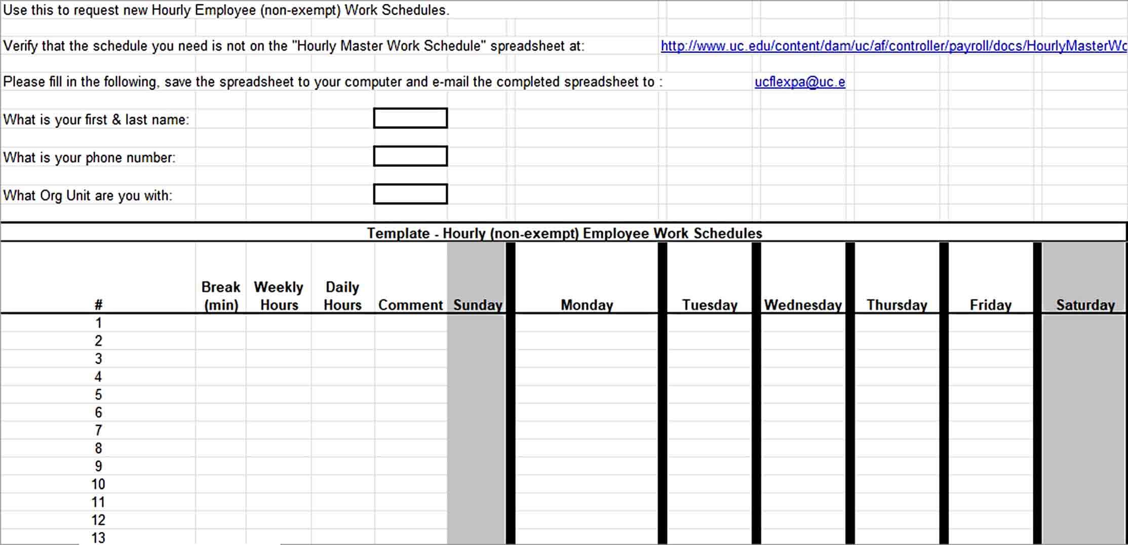 Hourly Work Schedules Request Template in Excel Format