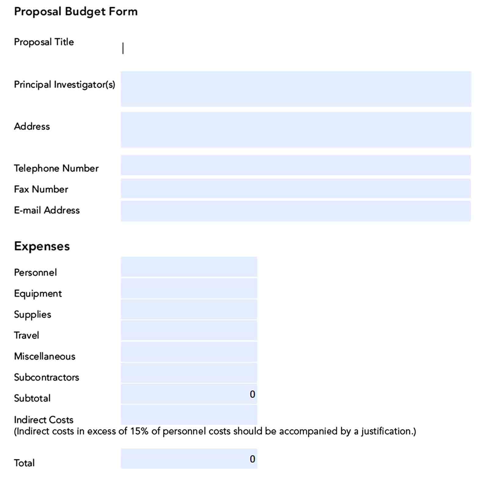 IT Proposal Budget Form PDF Download