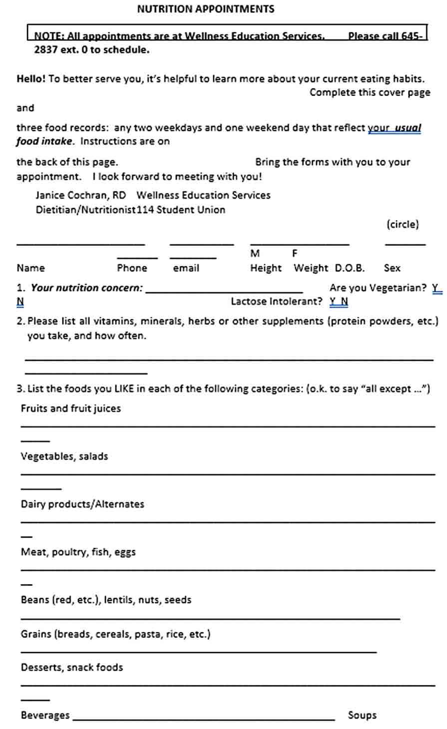Nutrition Appointment Scheduling Form Free Format