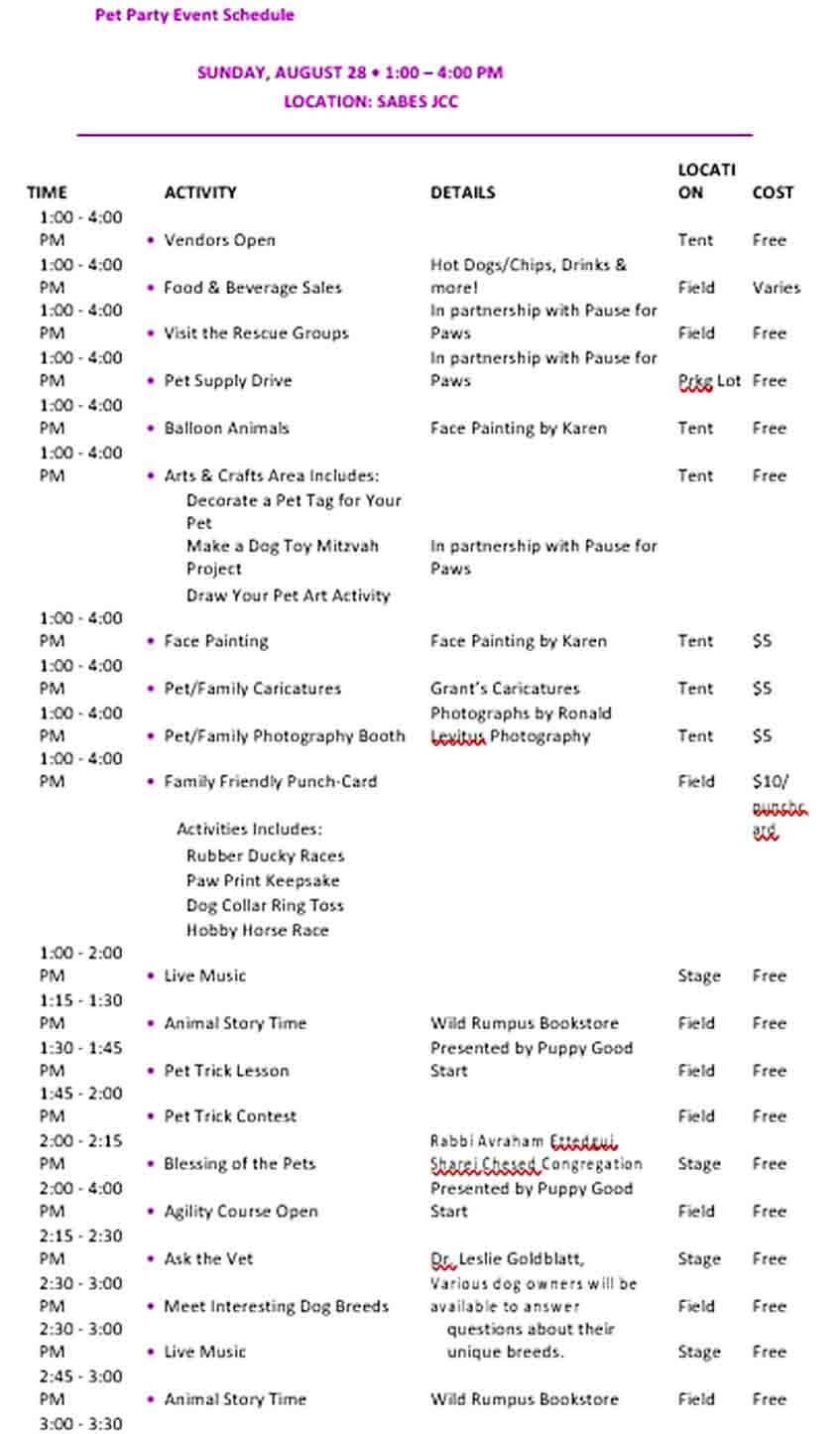 Party Event Schedule Template