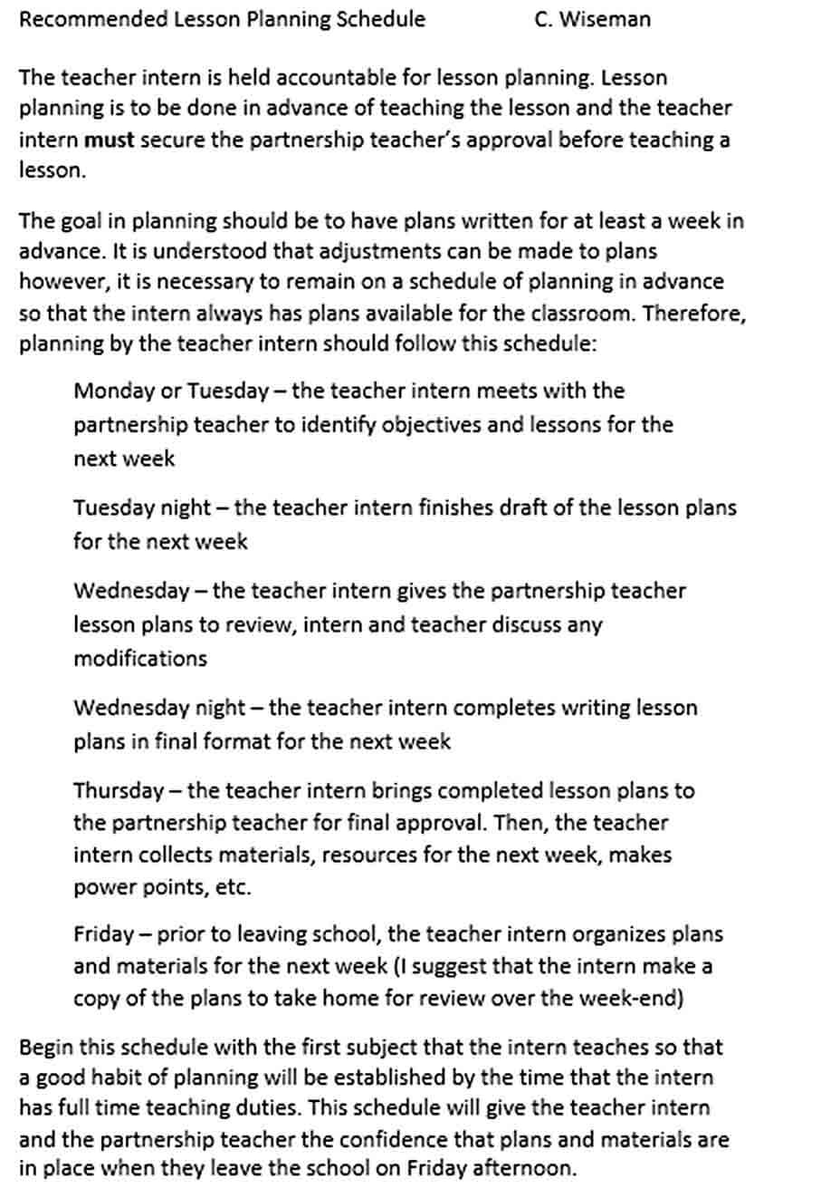 Recommended Lesson Planning Schedule