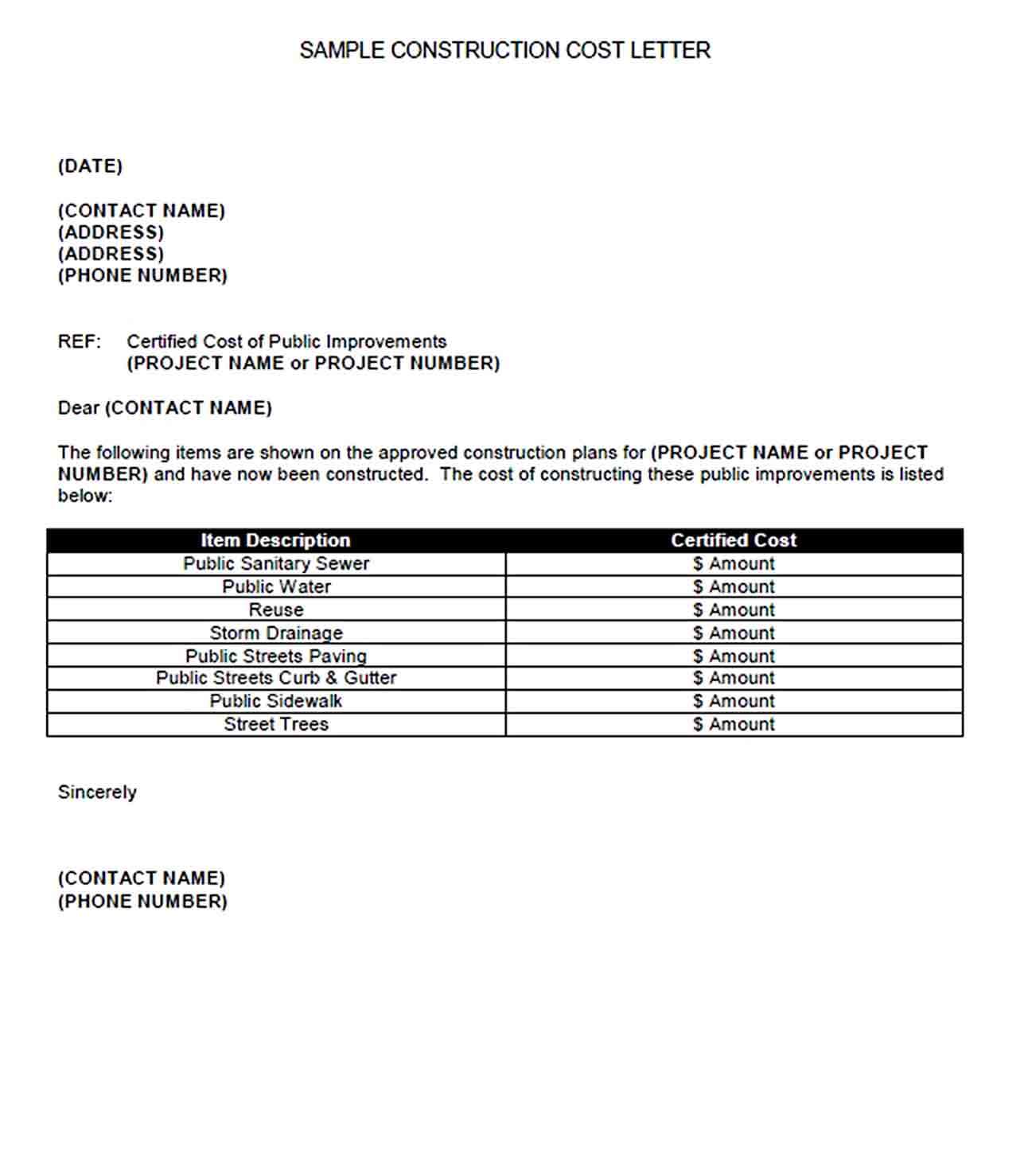 Sample Construction Cost Letter