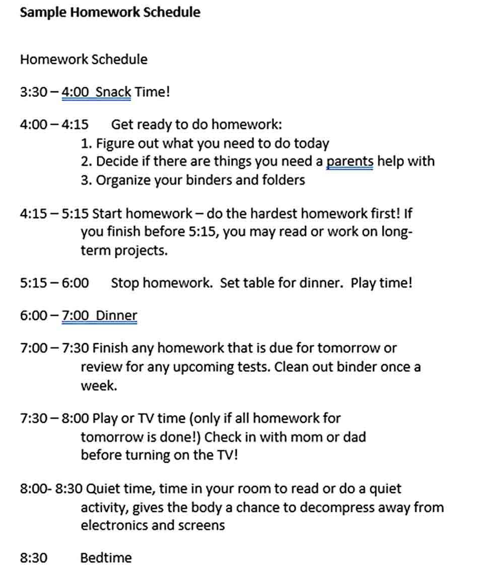 Sample Homework Schedule