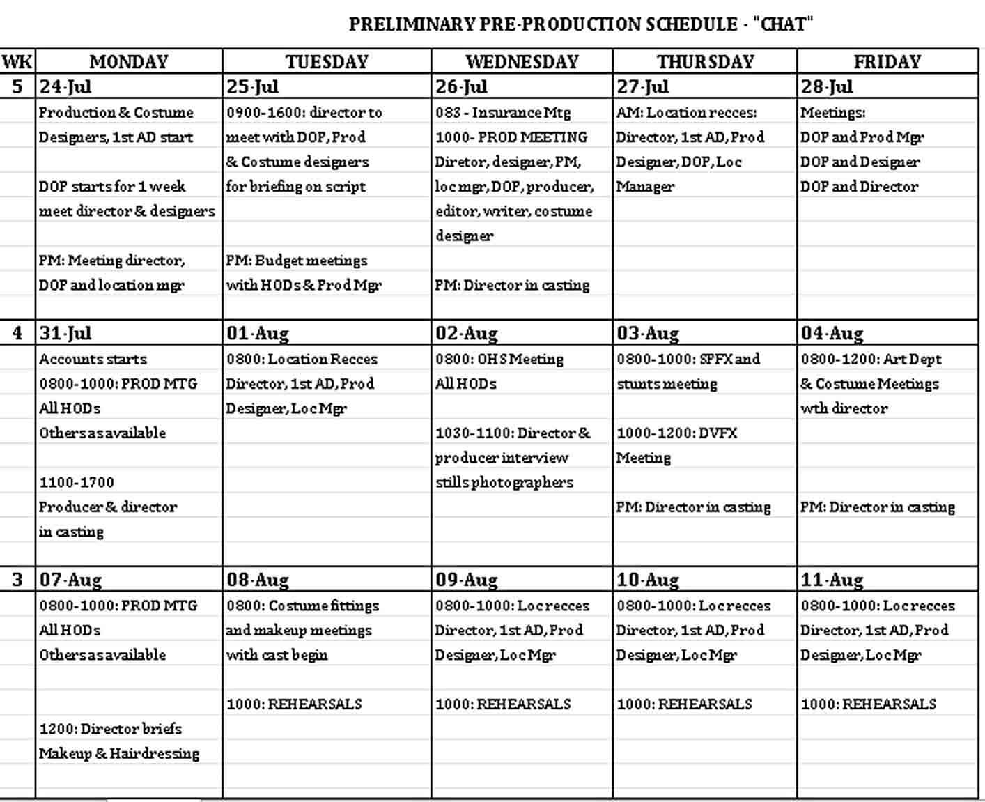 Schedule Template for Pre Production Excel Format 1
