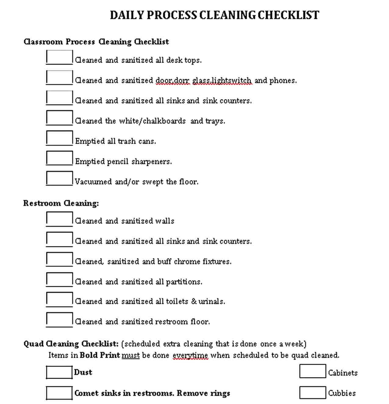School Daily Cleaning Schedule Template