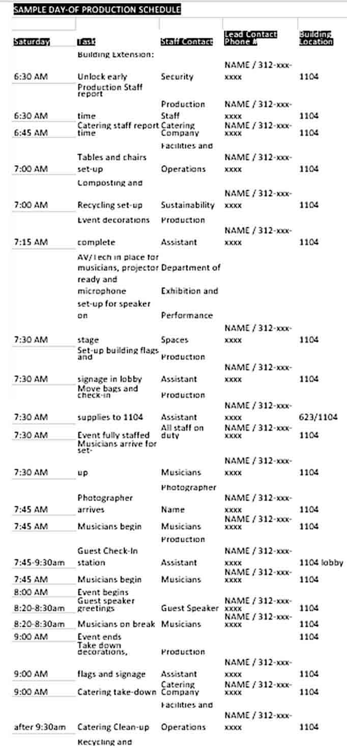 Special Event Production Schedule Example