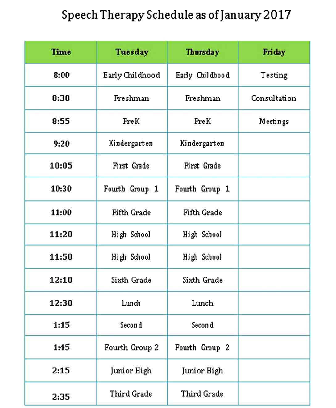 Speech Therapy Schedule Template