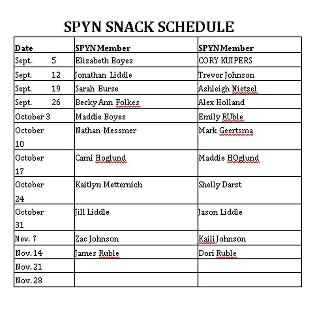 Spyn Snack Schedule