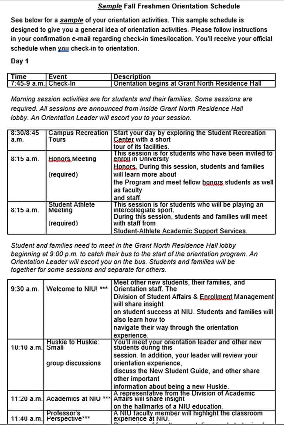 Student Orientation Schedule Template