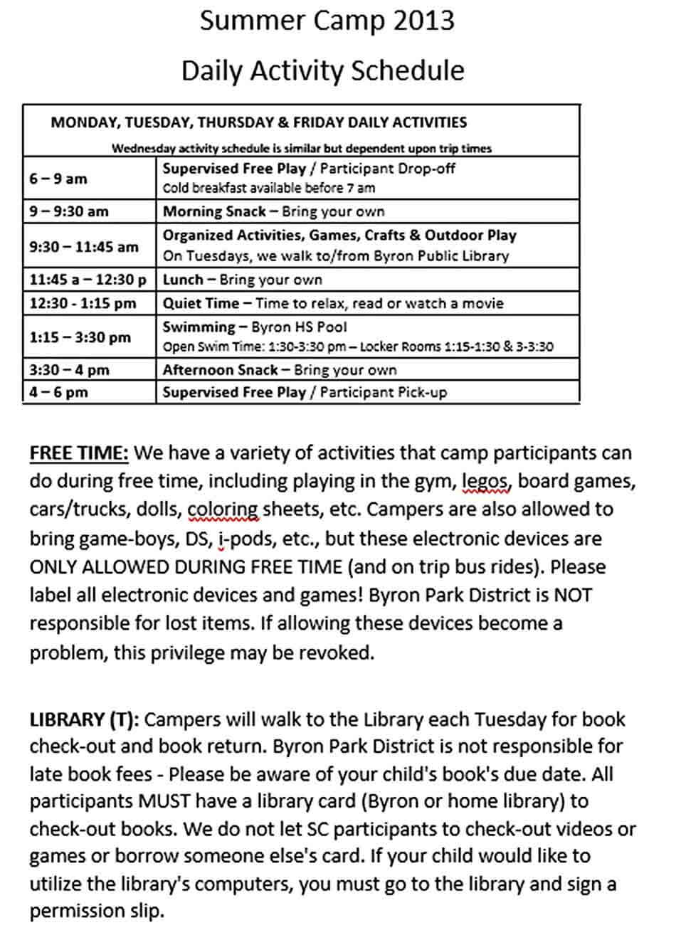Summer Camp Daily Activity Schedule Template PDF Format