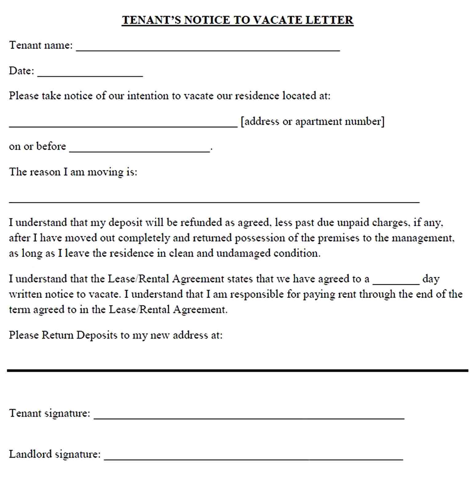 Tenant Notice Vacate Letter
