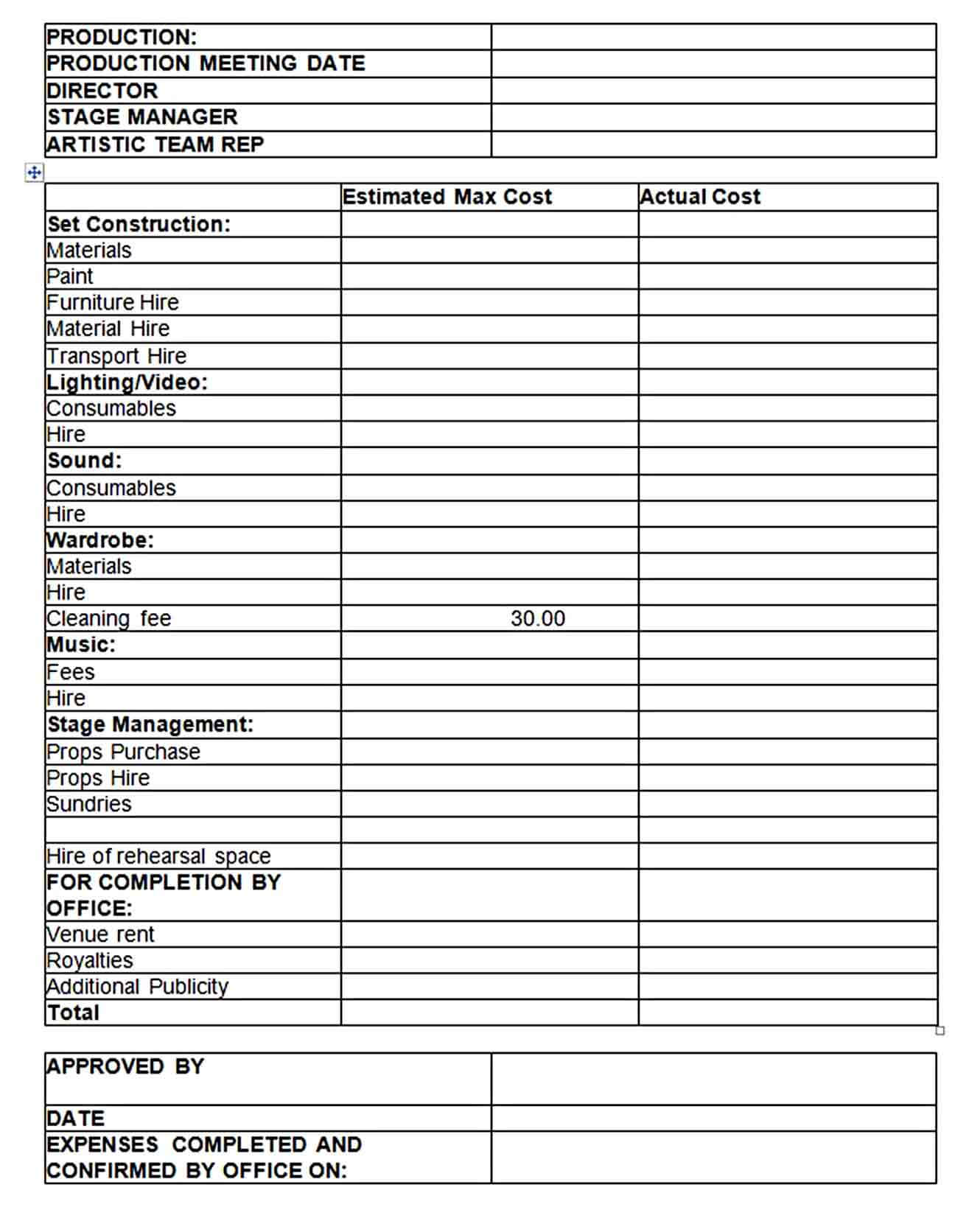 Theater Production Budget Template