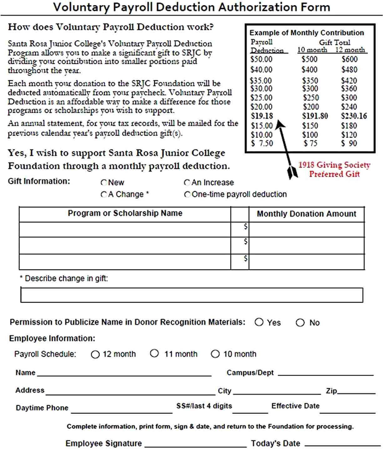 Voluntary Payroll Deduction Form PDF Download