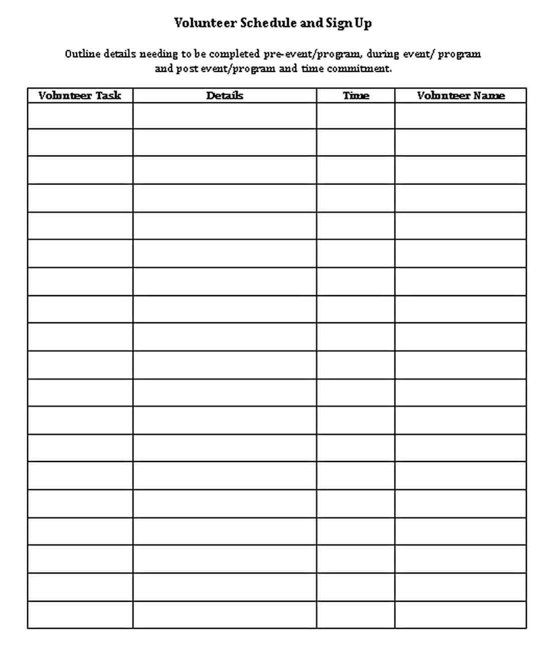 Volunteer Schedule and Sign Up Template in Word Doc