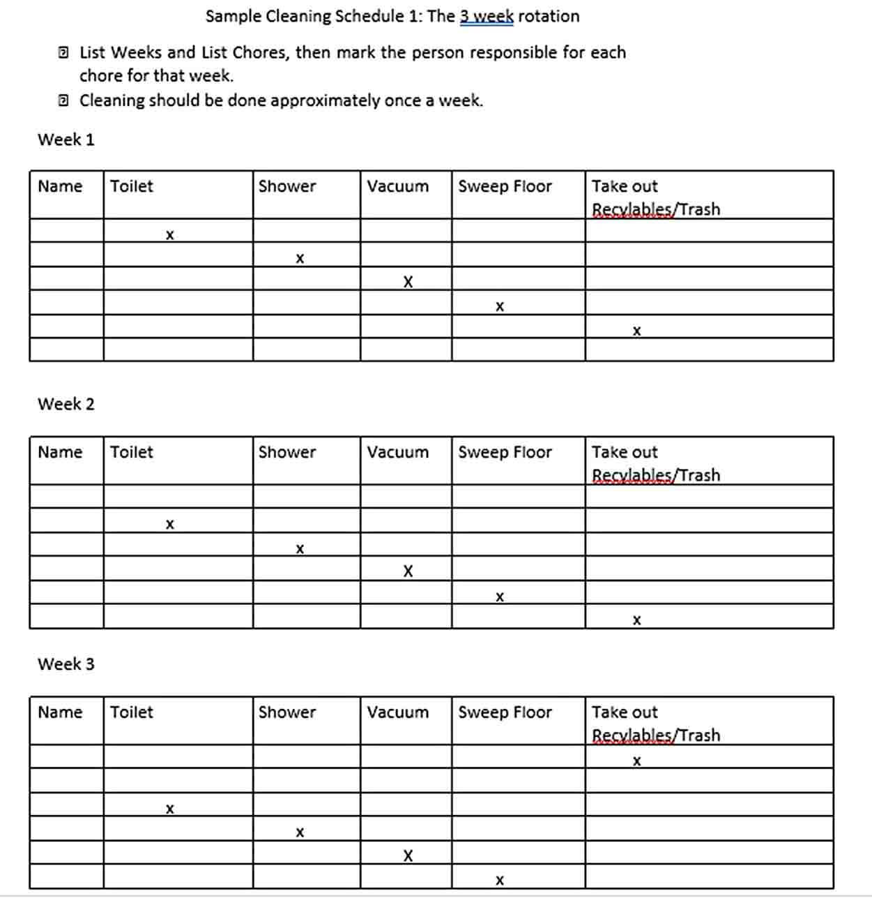 Week Rotation Cleaning Schedule PDF Free Template