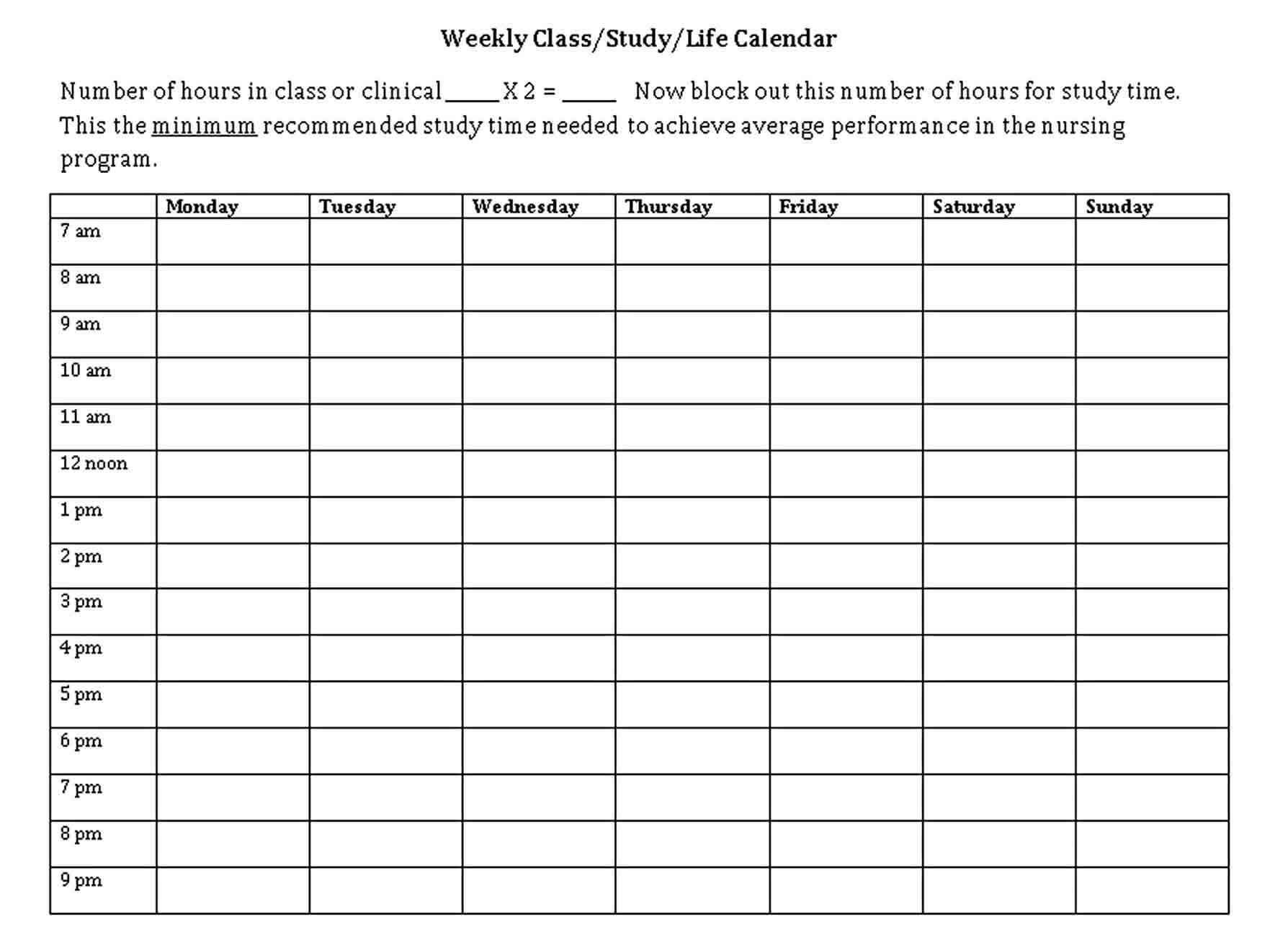 Weekly School Schedule Template Blank in Word Format