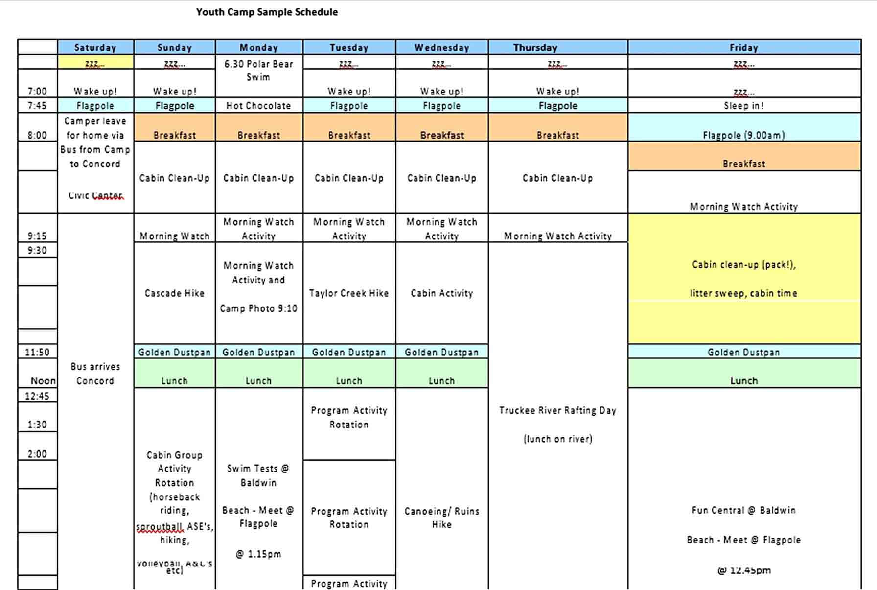 Youth Camp Chids Schedule Template Free PDF
