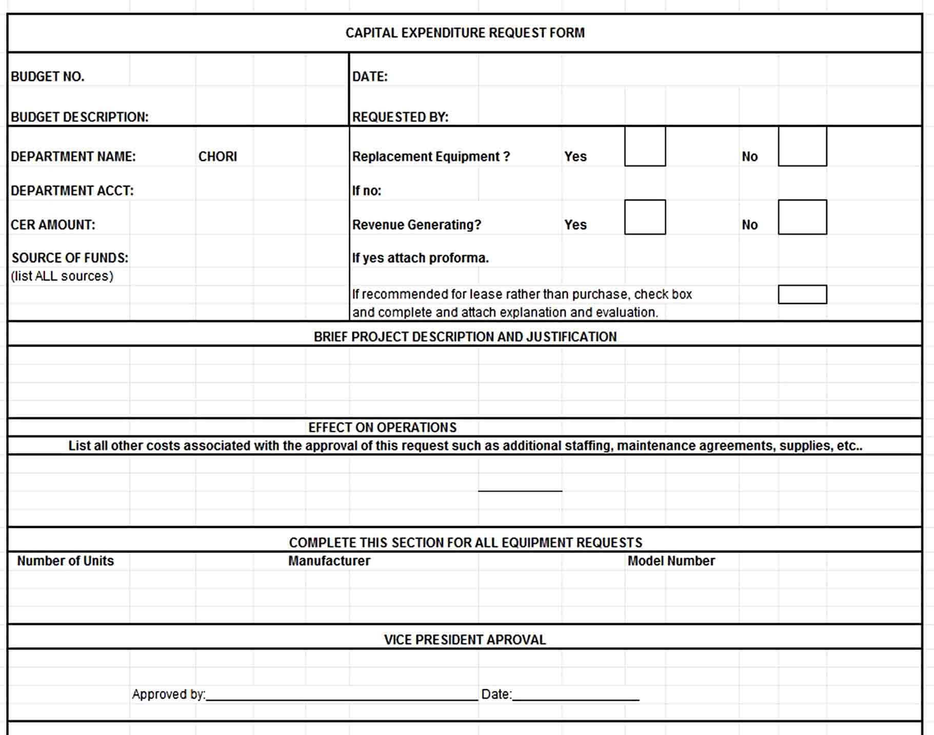 capital expenditure budget request Form Excel