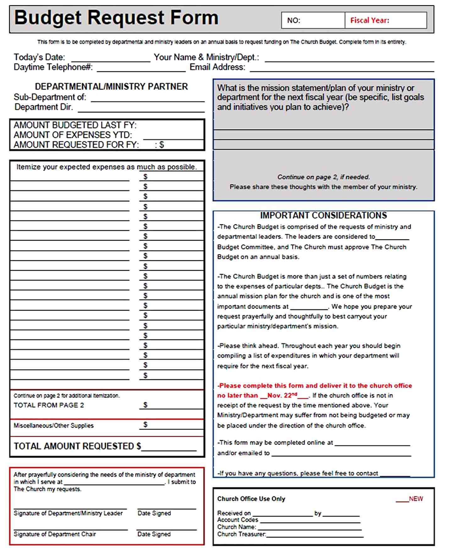 church ministry budget request form PDF Download