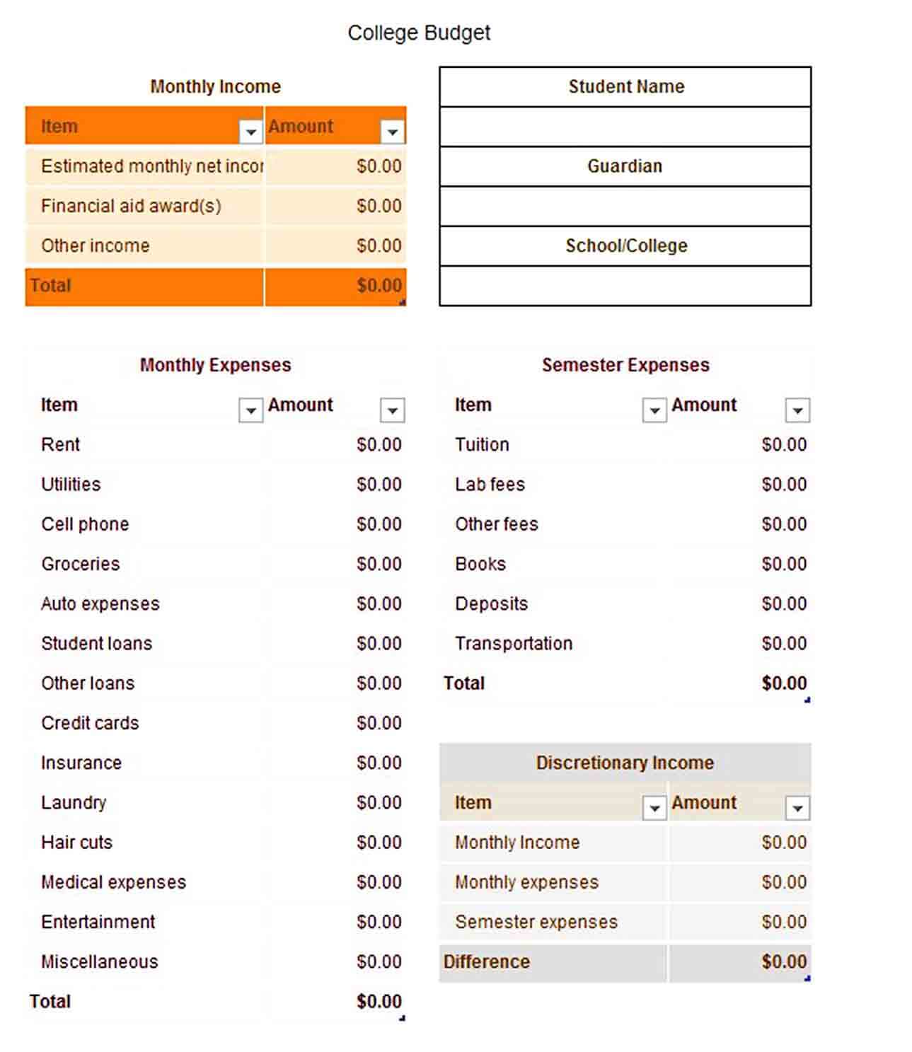 free college budget template