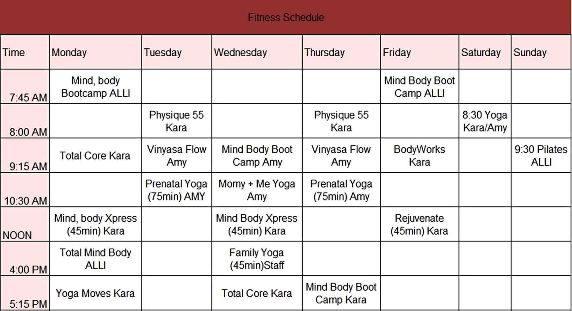 sample fitness schedule template