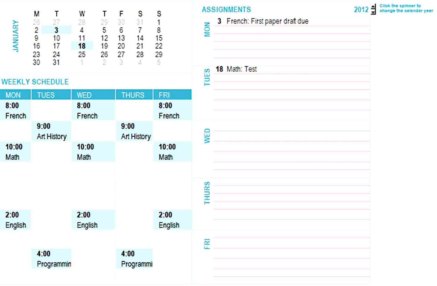 student weekly planning calendar any year mon sun