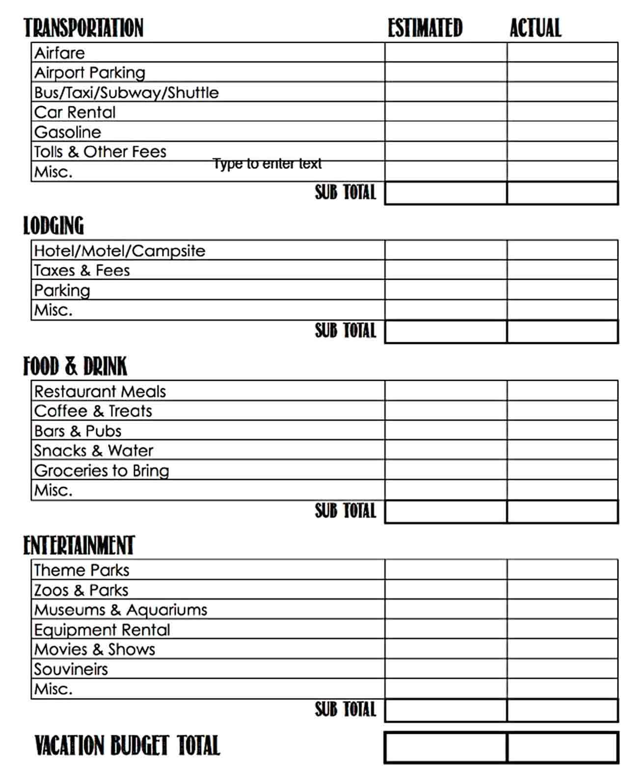 vacation budget template PDF Download