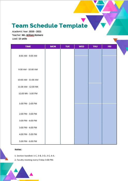 team schedule template 10