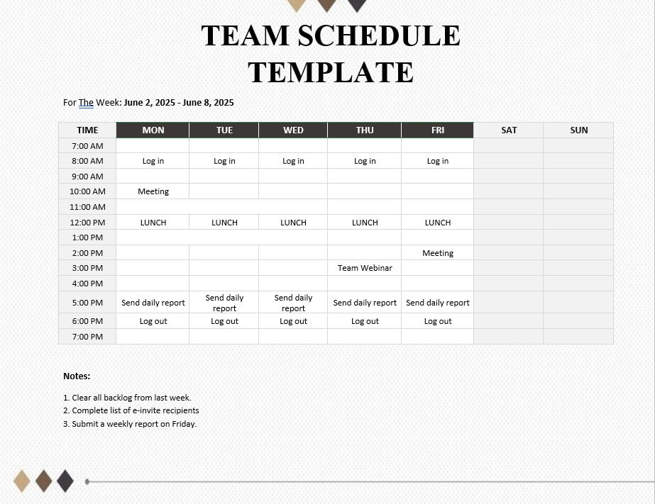 team schedule template 2