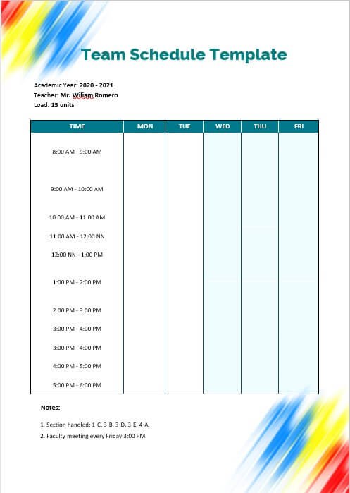 team schedule template 5