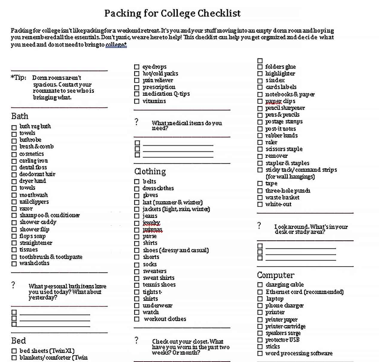 Sample Packing For College Checklist 1