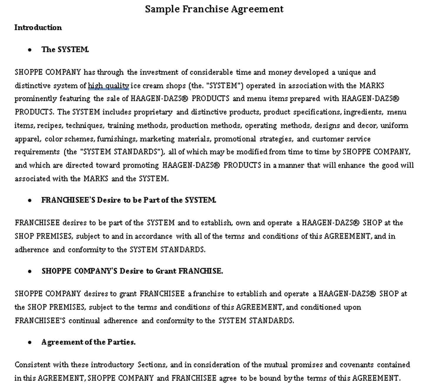Sample Standard Franchise Agreement