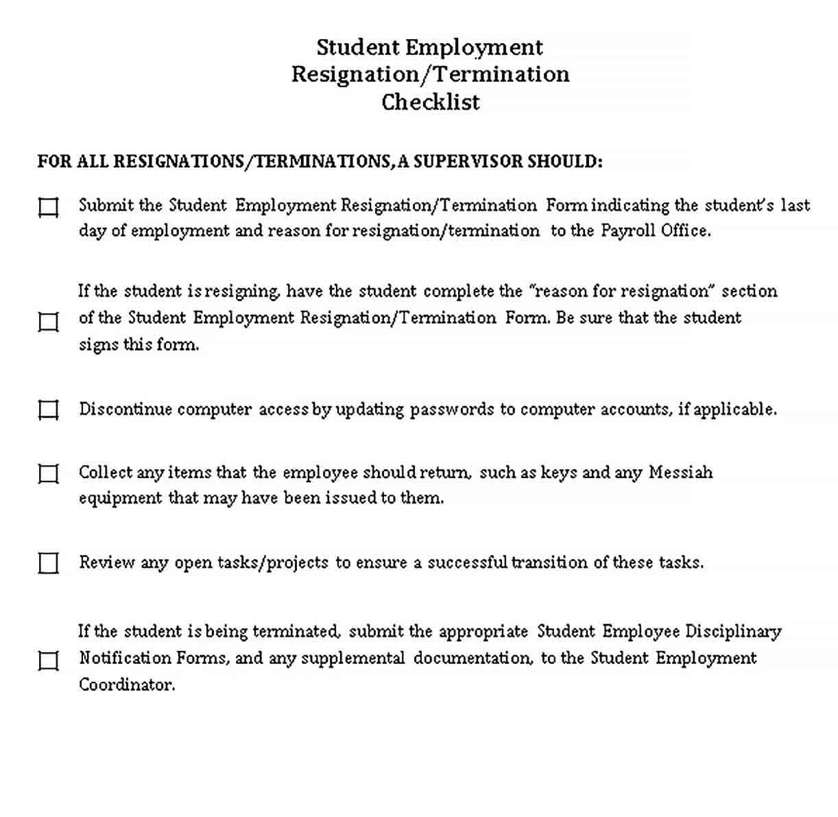 Sample Student Employment Resignation Checklist