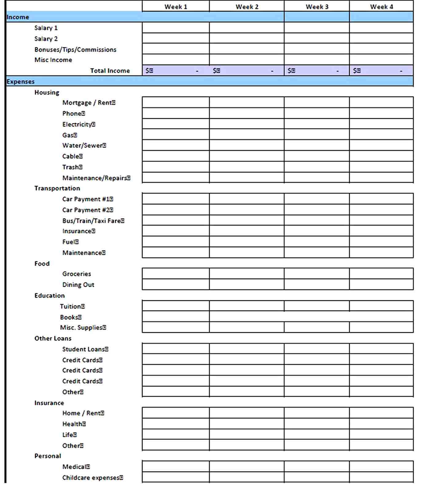 Weekly Budget Template PDF